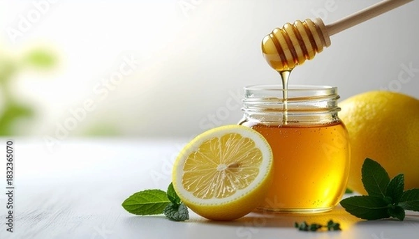 Fototapeta はちみつレモンとハーブの健康イメージ背景