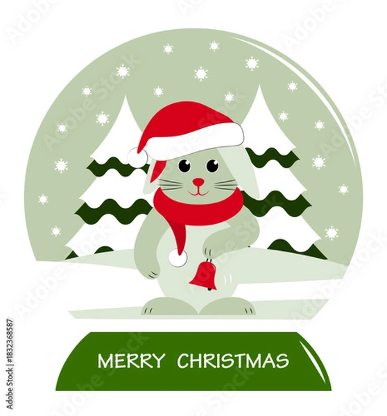 Fototapeta bunny with cap and scarf ringing bell in snow ball isolated on white background