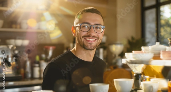 Fototapeta A barista with a welcoming smile enjoys a quiet moment while holding a freshly prepared beverage