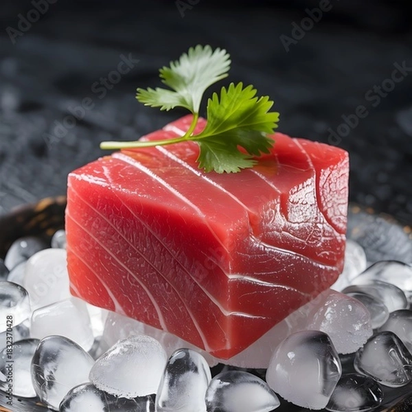 Fototapeta Raw fresh tuna steak with green herb on ice for sushi sashimi.