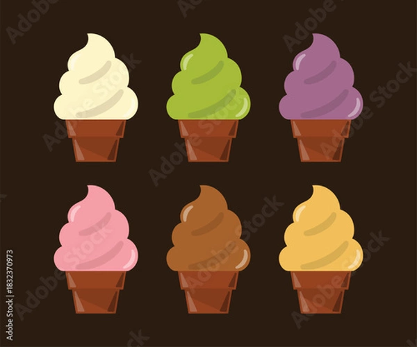 Obraz Cute Colorful Ice Cream Cone Collection on Dark Background. Vector Illustration.