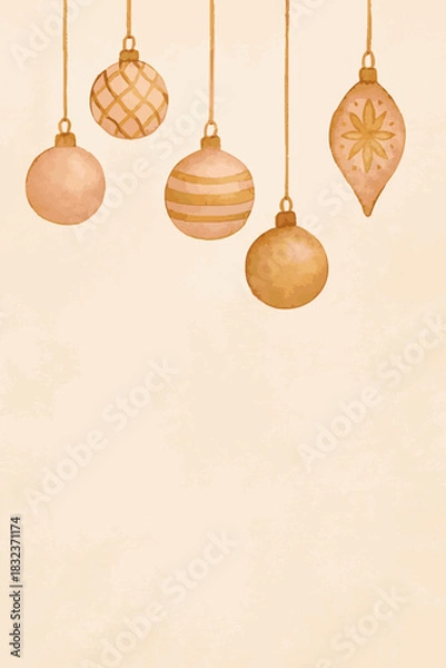 Fototapeta Watercolor Hanging Christmas Ornaments Illustration in Soft Rosé Gold Tones. Vector illustration on vertical card with space for text.