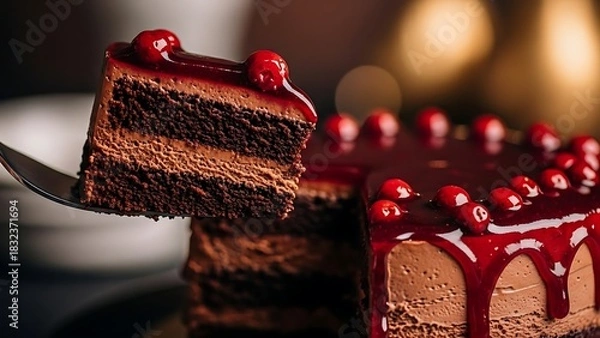 Fototapeta Decadent chocolate cake slice with cherry topping and drizzle
