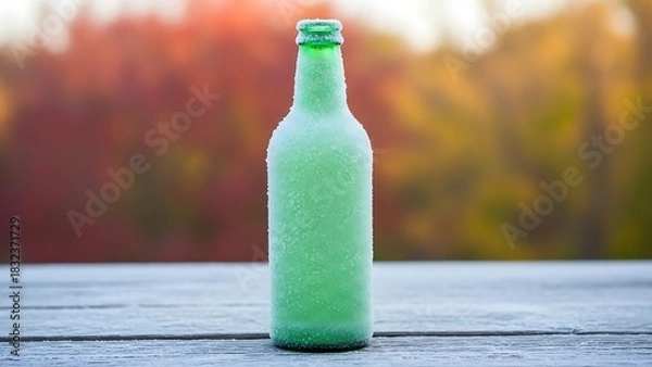 Obraz Frosted green glass bottle standing on wooden surface outdoors