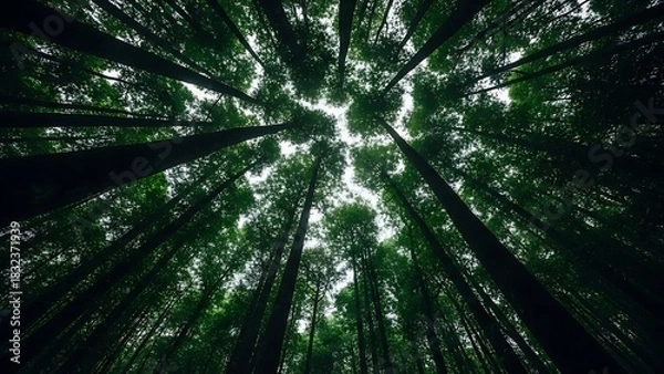 Obraz Looking up through tall evergreen trees towards a bright sky