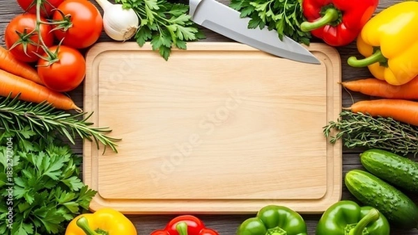 Obraz Fresh vegetables and herbs arranged around a wooden cutting board with a knife
