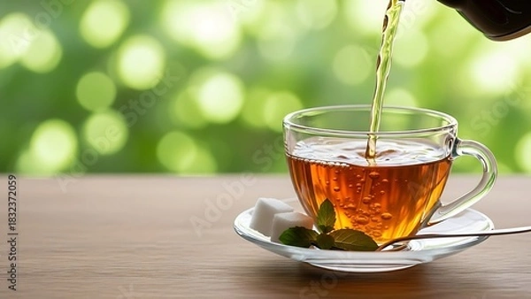 Obraz Hot tea being poured into a clear glass mug with a blurred green background