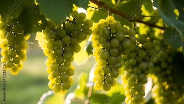 Obraz Sunlit bunches of ripe green grapes hanging on a vine