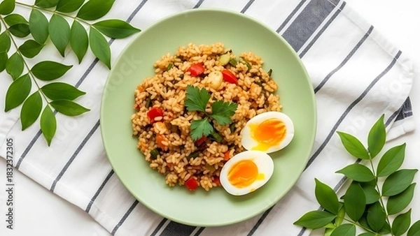 Obraz Healthy bulgur wheat salad with fresh herbs and soft boiled eggs