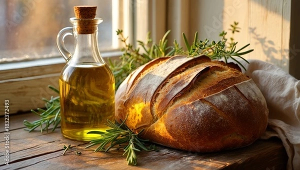 Fototapeta Warm Rustic Kitchen Scene Featuring Handmade Bread and Sunlit Window