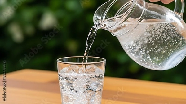 Obraz Pouring refreshing cold water from a glass pitcher into a tall glass