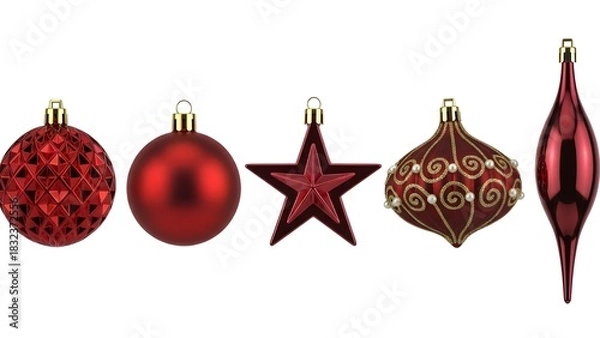 Fototapeta Collection of five different shiny red Christmas ornaments isolated on white background