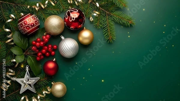 Fototapeta Festive Christmas Holiday Background with Pine Branches, Ornaments, Red Berries, and Copy Space on Dark Green Surface
