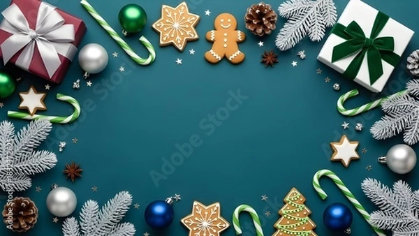 Fototapeta Christmas Holiday Border Frame with Gingerbread Cookies, Ornaments, and Fir Branches on Teal Background
