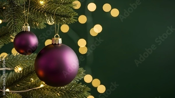 Fototapeta Festive Christmas Tree Branch with Purple Matte Ornaments and Golden Bokeh Lights Background