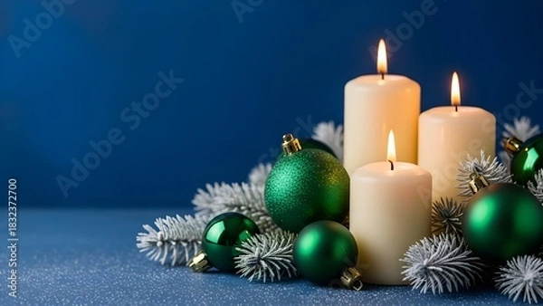 Fototapeta Holiday Christmas Scene with Three Burning White Candles and Green Ornaments on Deep Blue Background