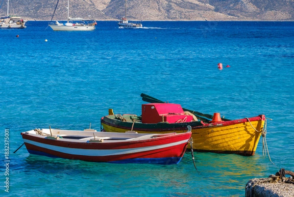 Obraz Colorful boats moored in the harbor of Ano Koufonisi