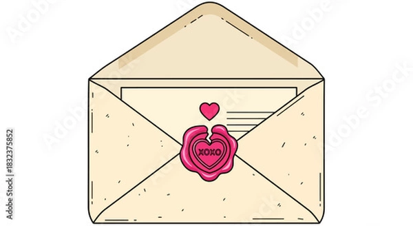 Obraz An open beige envelope with a letter inside, sealed with a pink heart-shaped wax seal bearing the word 'BOND' and a small red heart.