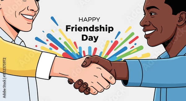 Obraz Two diverse men shaking hands, celebrating Friendship Day with colorful background.