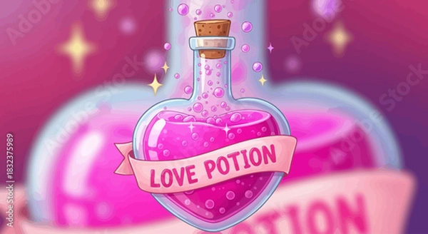 Obraz A heart-shaped bottle filled with pink love potion, adorned with a ribbon that says "Love Potion".