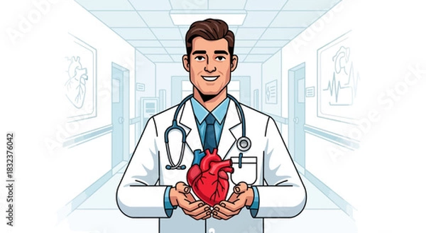 Obraz A smiling male cardiologist in a white coat holds a human heart in a hospital corridor.