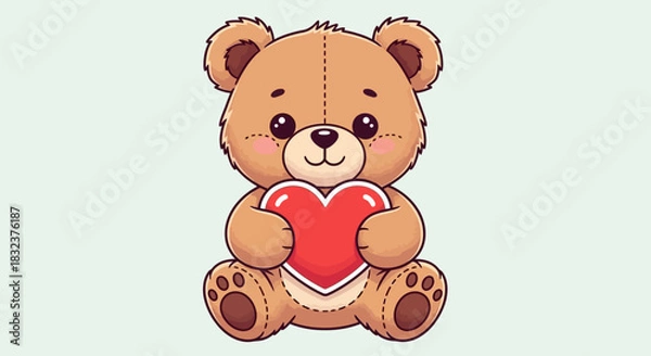 Obraz A cute cartoon teddy bear holding a vibrant red heart, sitting on a plain light green background, expressing love and affection.