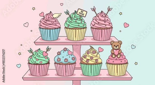 Obraz A cute illustration of pastel-colored cupcakes with various romantic decorations on a pink two-tier stand.