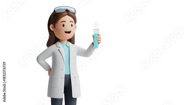 Fototapeta 3D female character scientist with lab coat holding test tube uniform clean white background