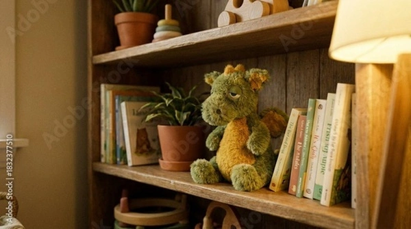 Fototapeta Real Plush Toy Shelf Scene With Cute Dragon Mascot – Cinematic Nursery Look