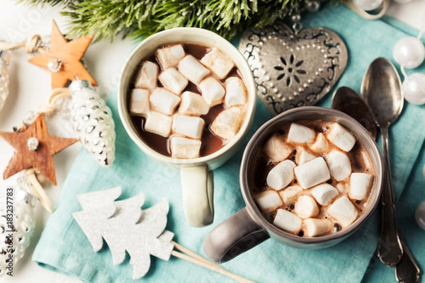 Fototapeta Hot chocolates with marshmallows in Christmas setup