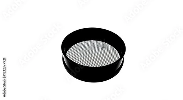 Fototapeta Black round metal sieve with fine mesh on a white background, kitchen utensil for sifting flour or other dry ingredients.