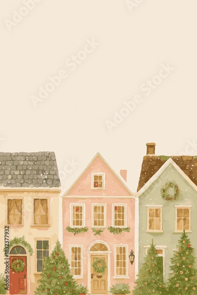 Fototapeta Cozy Christmas Village Watercolor Illustration with Festive Houses and Holiday Decorations. Vector illustration on vertical card with space for text.