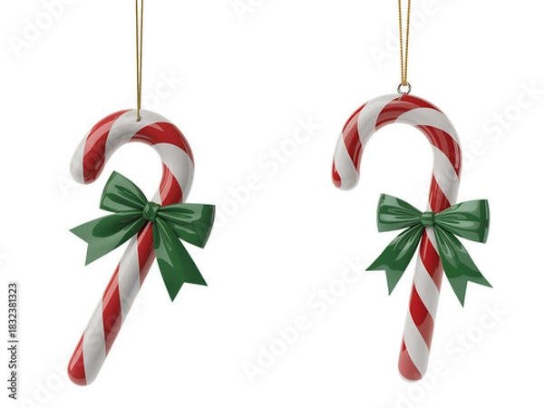 Fototapeta Two classic red and white candy cane christmas ornaments tied with green ribbon bows, hanging against transparent background