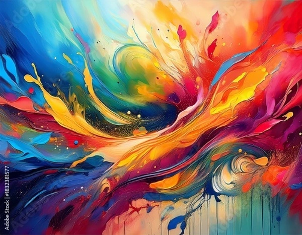 Fototapeta abstract art with bold colors and dynamic splatter on canvas