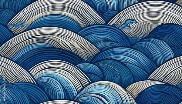 Fototapeta seamless japanese wave pattern with wood cut style blue pattern with ocean texture