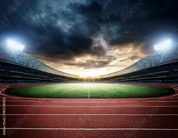Fototapeta mysterious track and field stadium with dark clouds and stadium lights