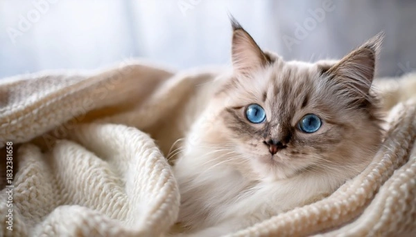 Fototapeta a fluffy cat with blue eyes is relaxing on a soft blanket suitable for articles about pets comfort and interior design
