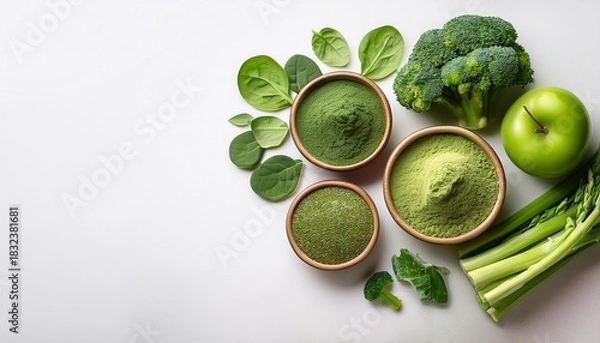Fototapeta a variety of green superfoods in powder form and fresh vegetables on a white background ideal for those interested in healthy eating and fitness