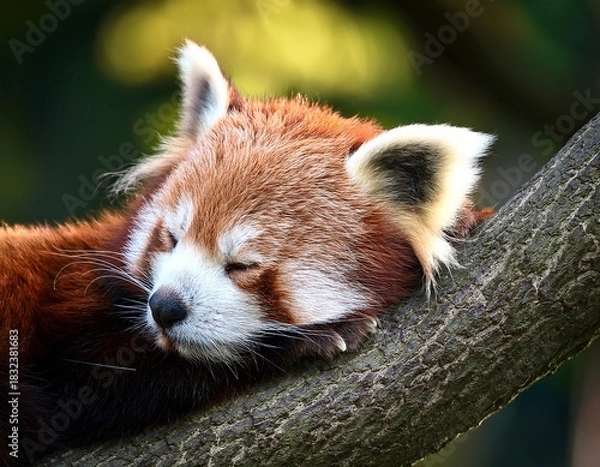 Fototapeta red panda sleeping on branch in tree