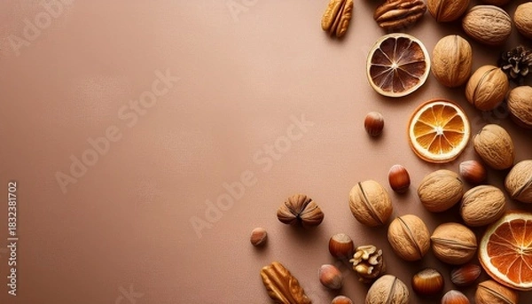 Fototapeta warm brown and beige abstract background with walnuts and dried citrus