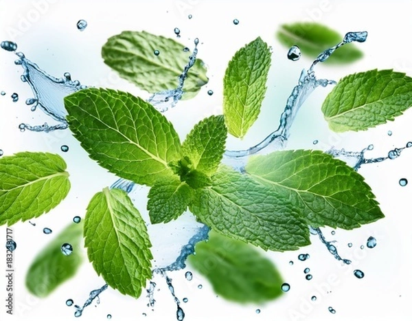 Fototapeta fresh mint leaves and water drops in the air isolated on white background