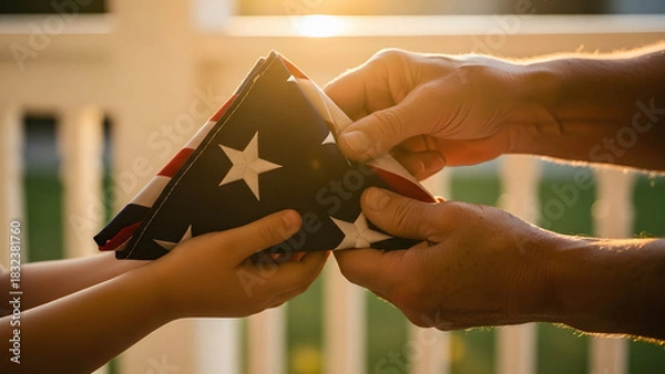 Fototapeta Veterans Day celebration featuring hands of senior passing folded flag to child