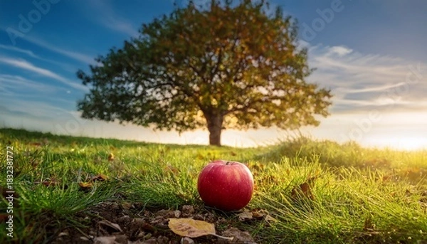 Fototapeta low angle view of ripe red apple fallen under a tree