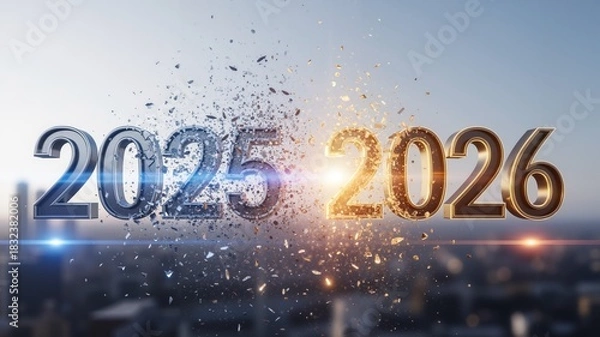 Fototapeta Shattering transition from year 2025 to 2026 with city backdrop  