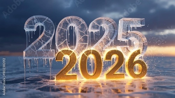 Fototapeta Ice sculpture of years 2025 and golden 2026 with glowing elements  