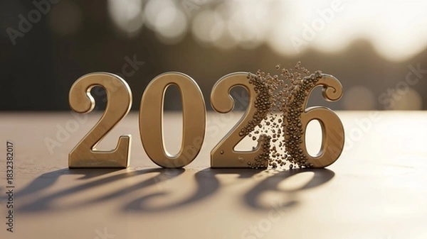 Fototapeta Golden number 2026 with dust effect on wooden surface in sunlight  