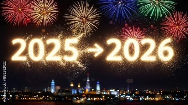 Fototapeta 2025 and 2026 golden numbers symbolizing new year celebration in fireworks light  
