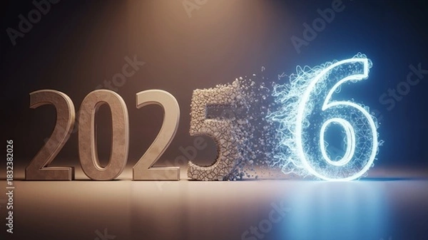 Fototapeta Futuristic numbers 2025, number 5 transforming into glowing number 6  