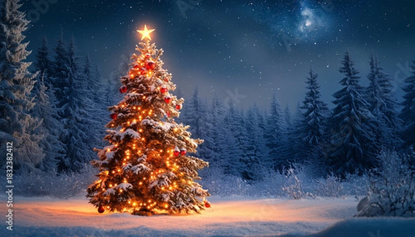 Fototapeta A decorated Christmas tree standing in a snowy forest under a starry night sky.