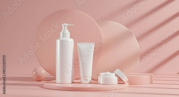 Obraz Cosmetic Products on Pink Backdrop with Soft Shadows, Minimalist Style